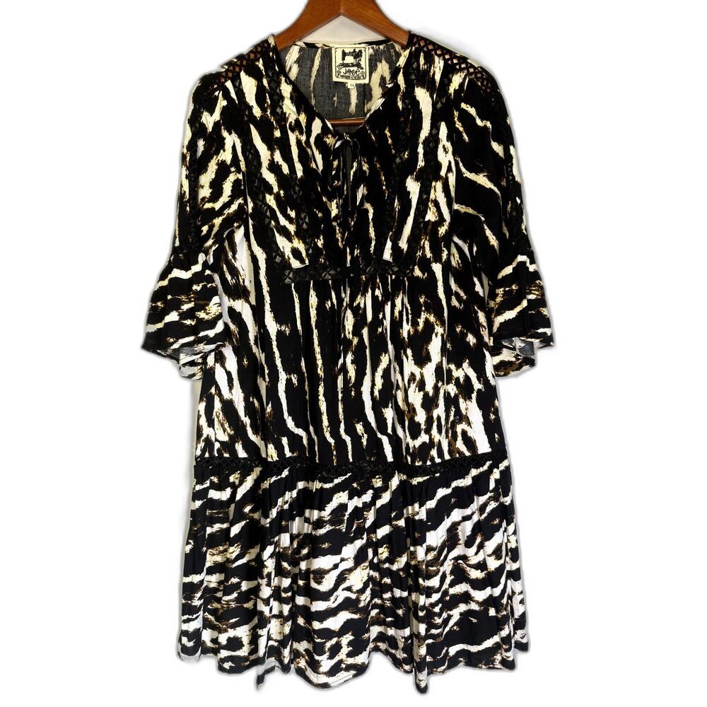 Jaase Australia XS Extra Small Black Cream Abstract Animal Print Boho Mini Dress